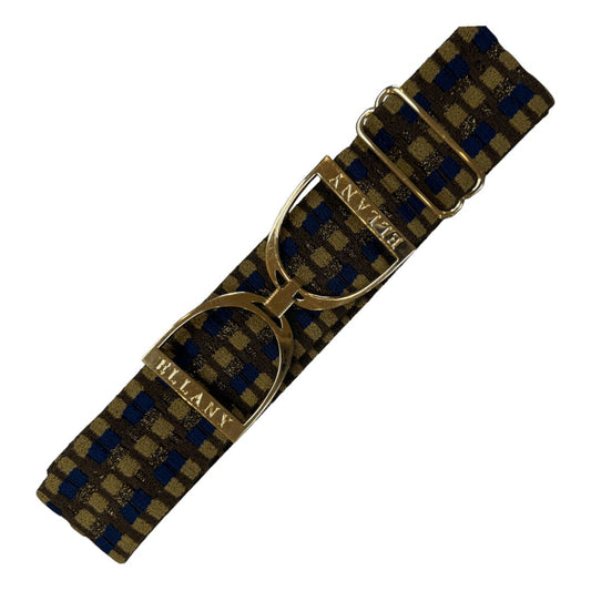 Ellany Elastic Belt w/ Gold Stirrup Buckle in Blue / Tan - 24-65"