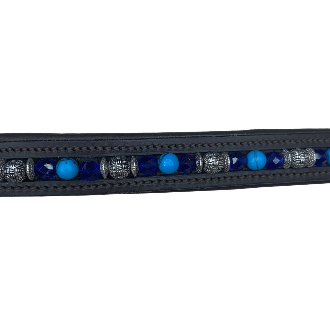 Custom-Made Blue & Silver Beaded Browband in Brown - OS