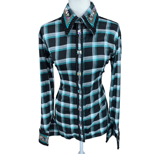 Custom Western Show Shirt in Green & Gray Plaid - Woman's Large