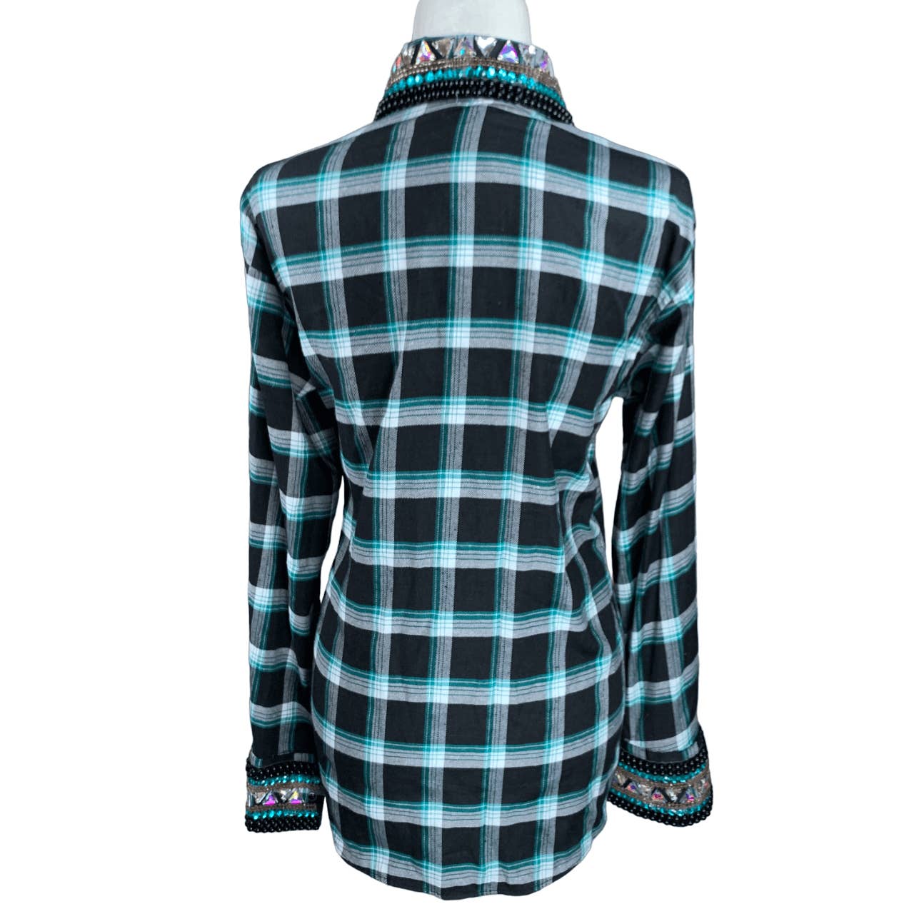 Custom Western Show Shirt in Green & Gray Plaid - Woman's Large