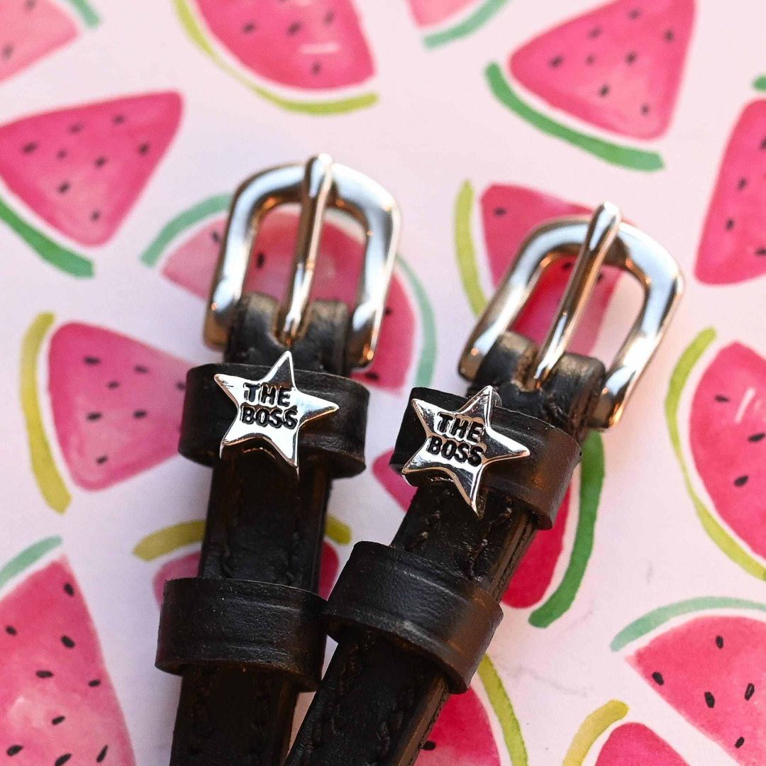 ManeJane 'The Boss' Star Silver Spur Straps in Black - 17"