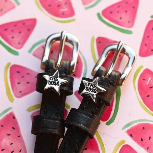 ManeJane 'The Boss' Star Silver Spur Straps in Black - 17"