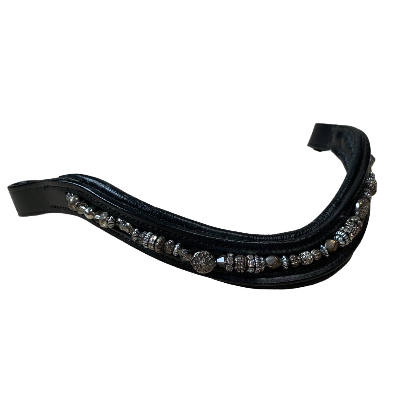 Curved Leather Browband with Sterling Silver Beads in Black - Pony